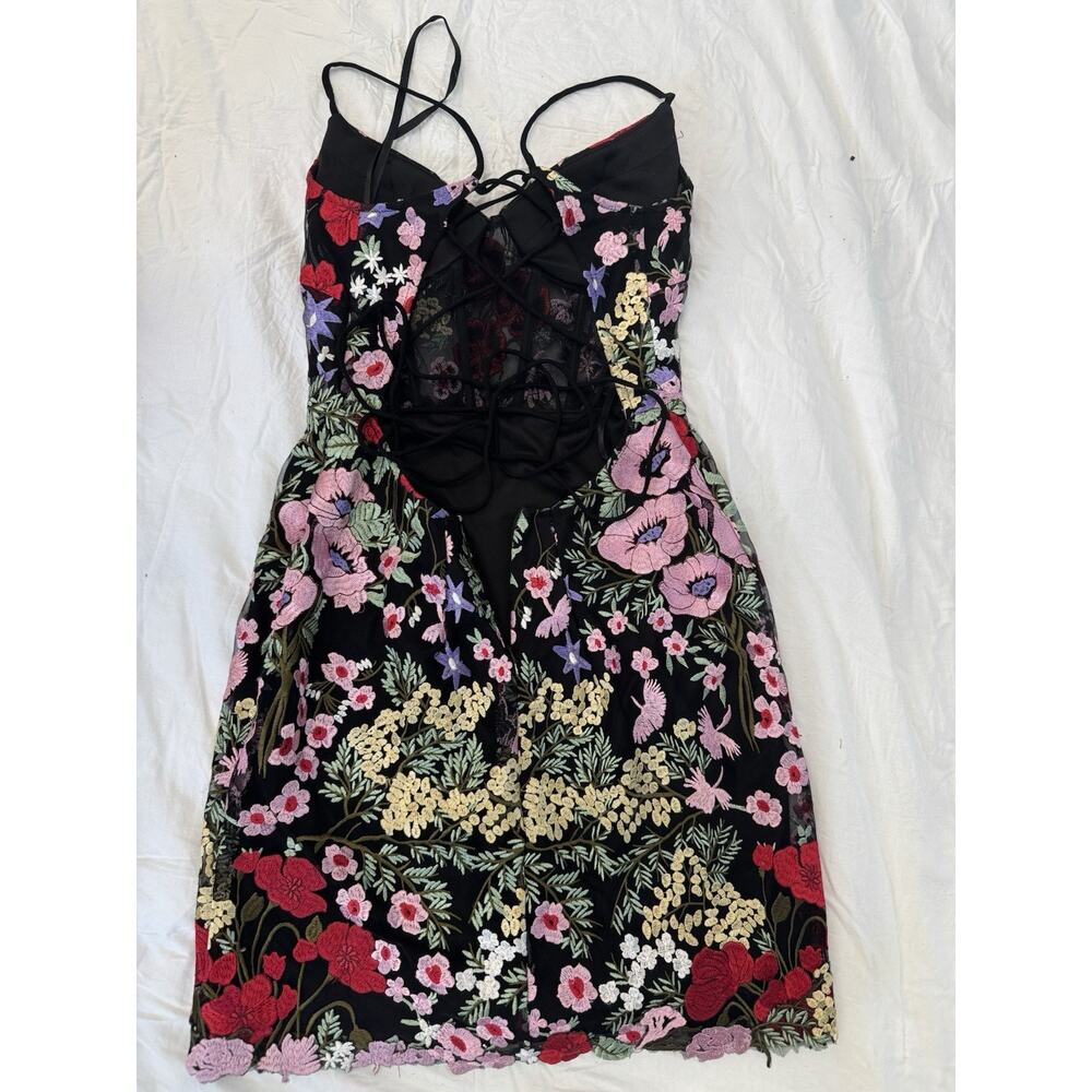 Mac Duggal Black Floral Embroidered Mesh Mini Dress Sweetheart Lace-Up 4 - Picture 3 of 6